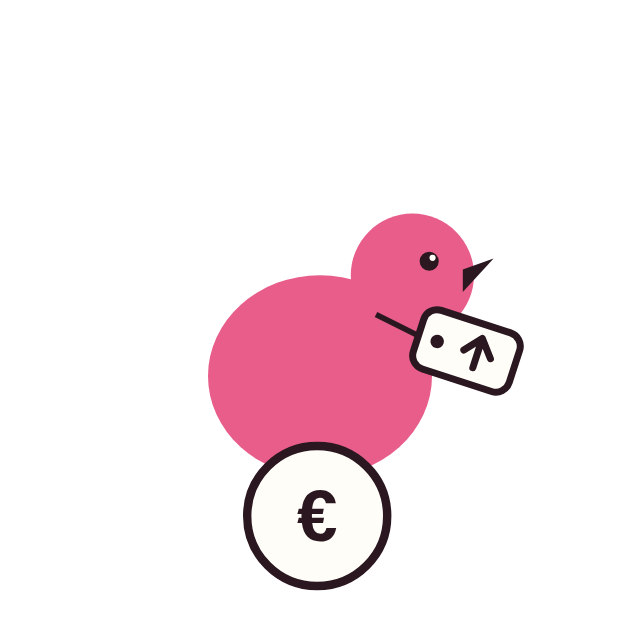 Het DoekoeDoevoe-vogeltje met een prijskaartje op een euromunt